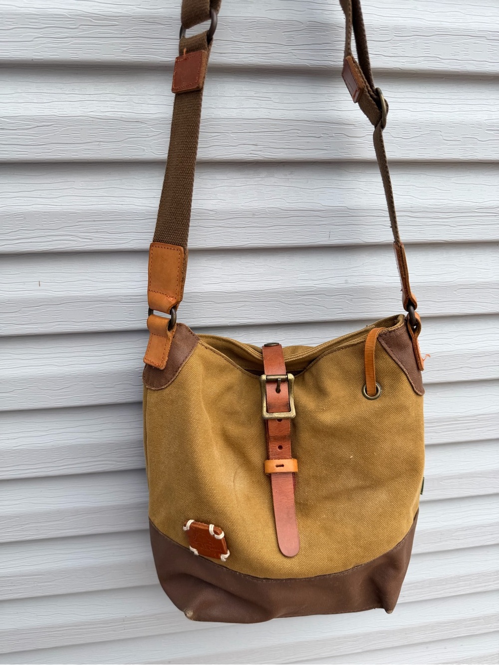 TSD Brand Canvas Leather Crossbody Messenger Bag Olive Brown Boho